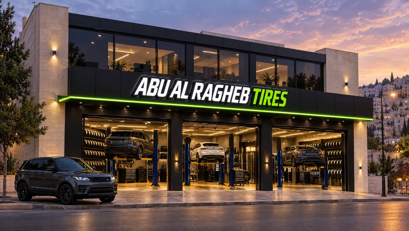 Abu Al-Ragheb Tires 7th Circle branch — two-storey showroom with three service bays at dusk, Amman