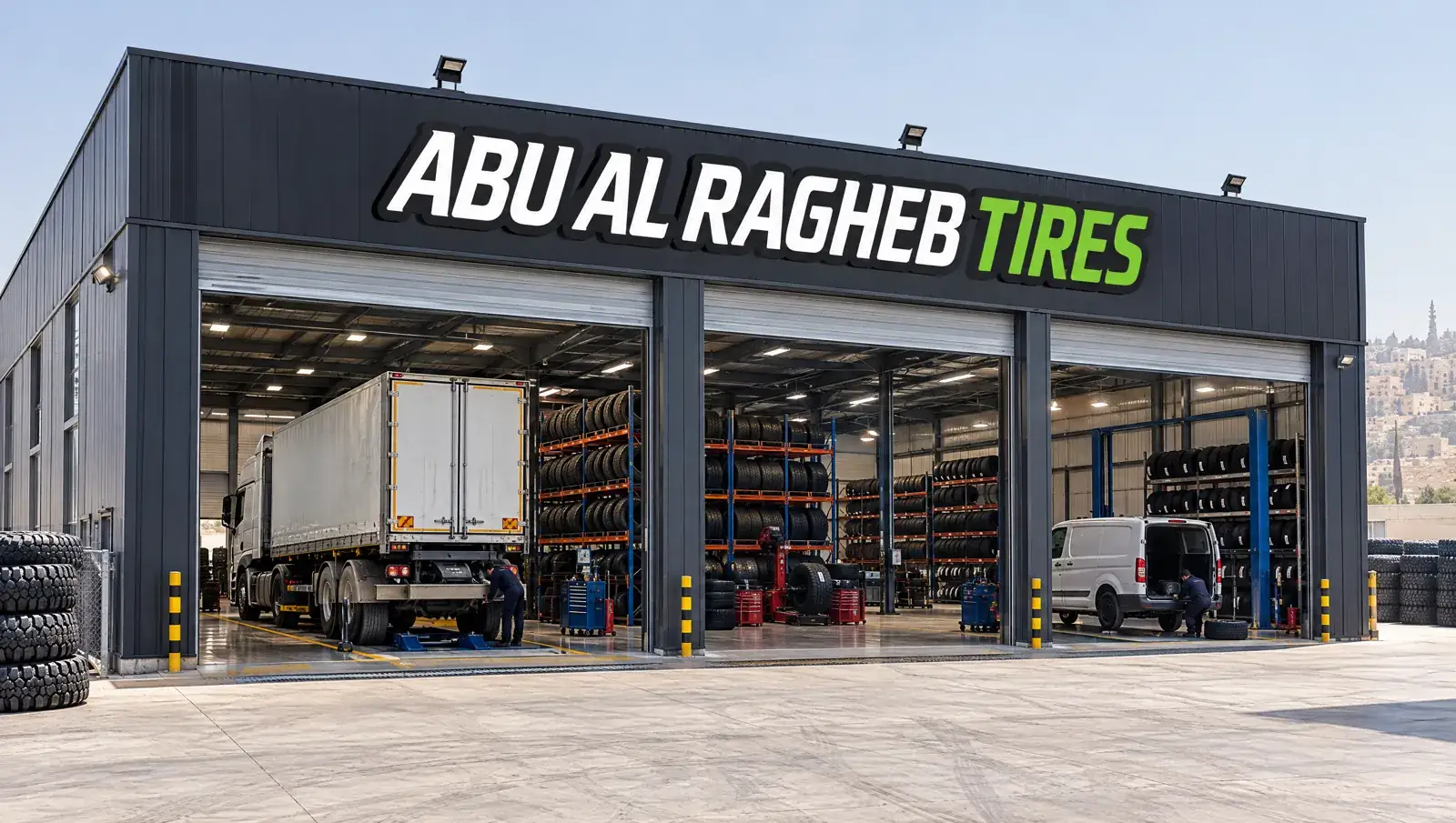 Abu Al-Ragheb Tires Bayader branch — 4x4 wheels and off-road tires in the showroom window, Amman