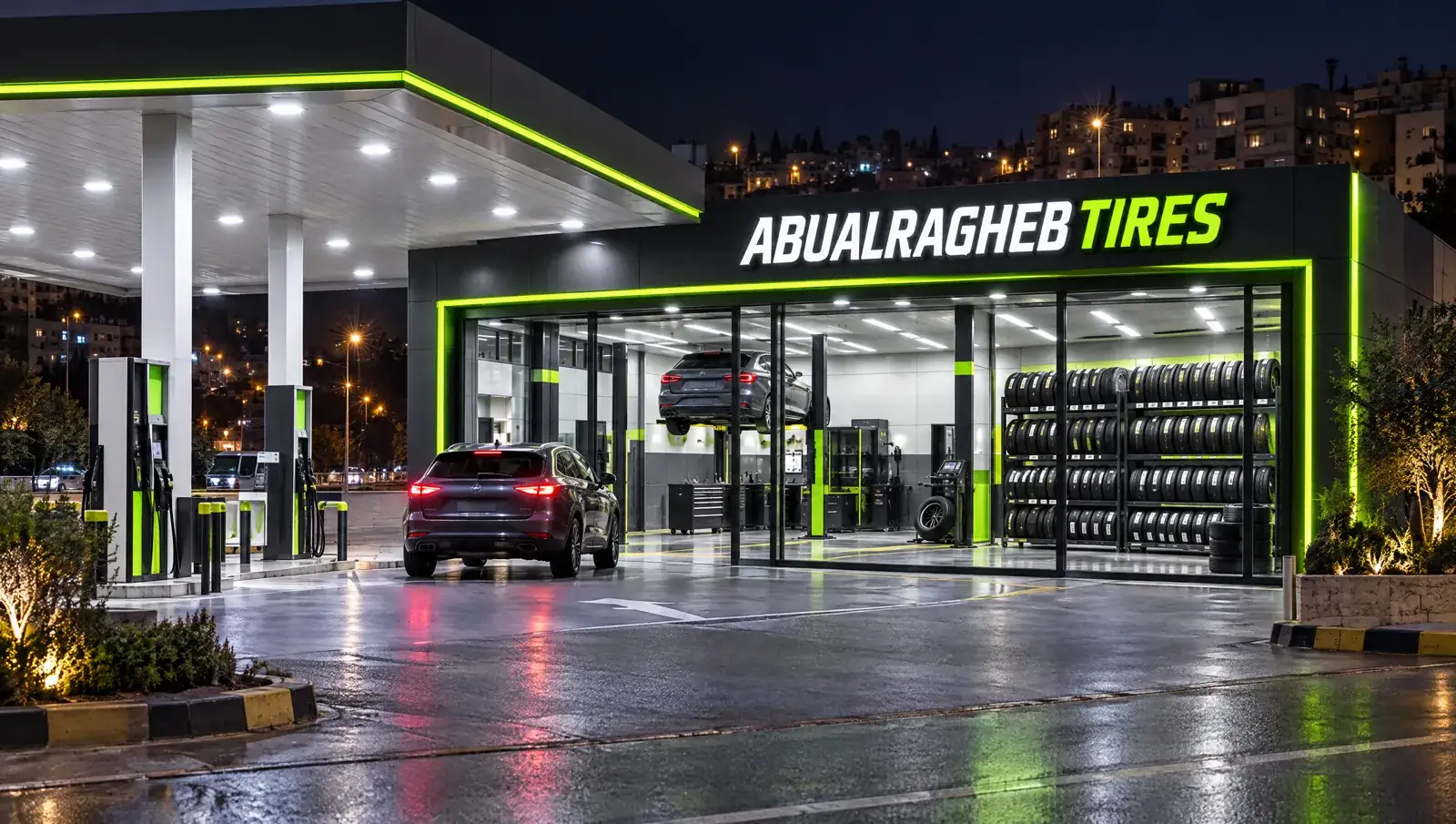 Abu Al-Ragheb Tires Gardens branch inside the Engen fuel station at night, Amman