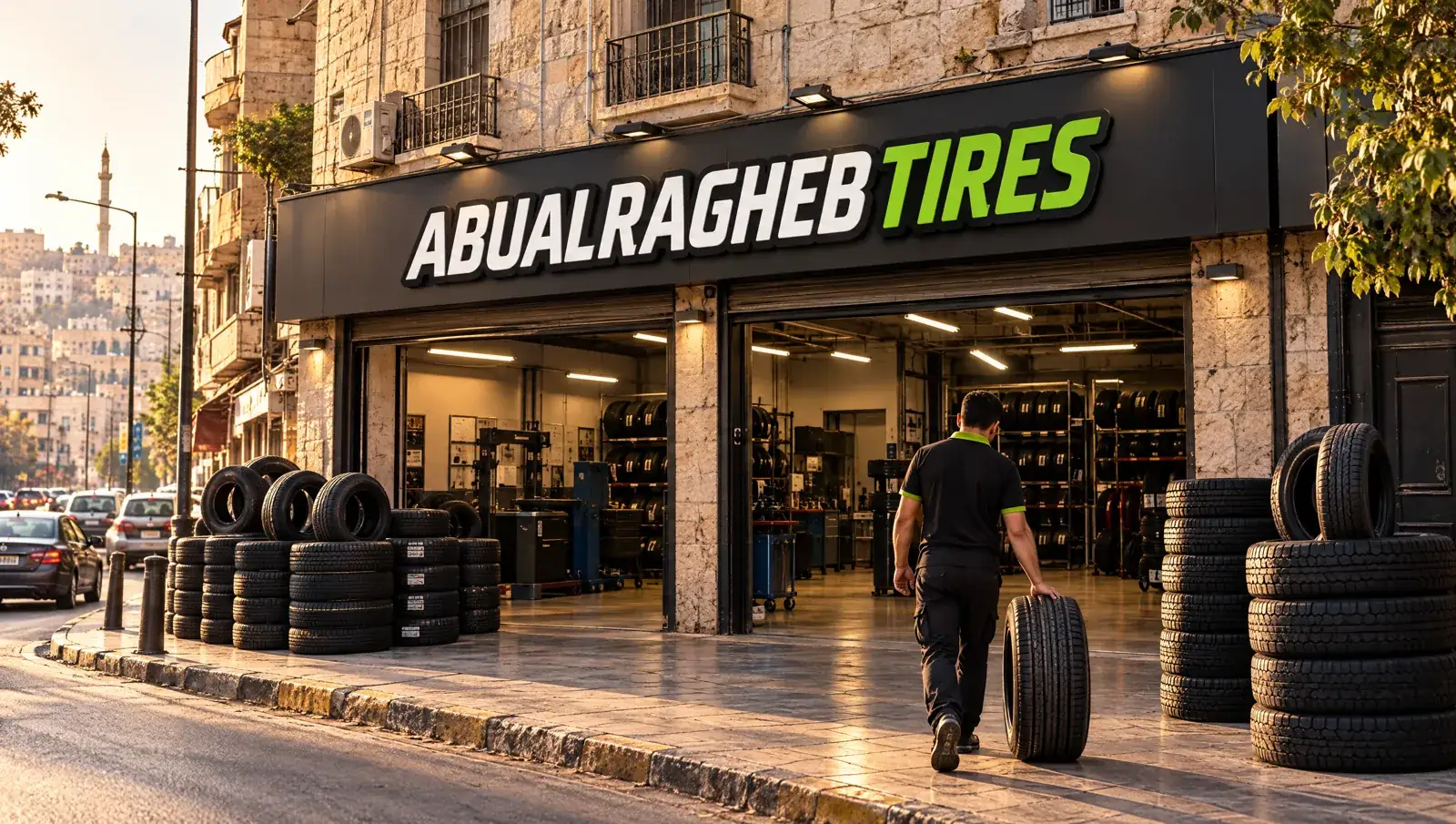 Abu Al-Ragheb Tires Mahatta branch — truck and van service hall with tire racks, Amman
