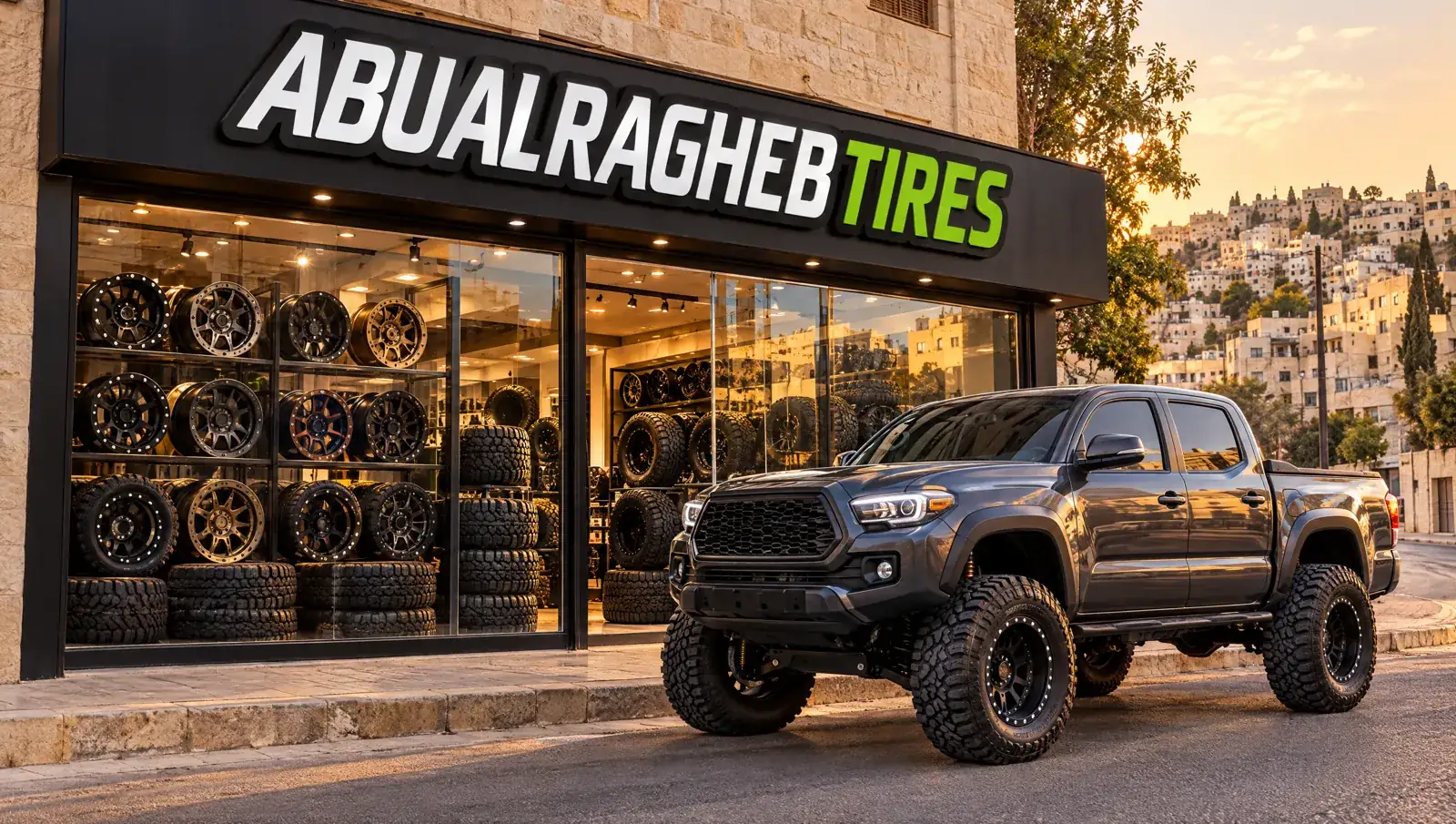 Abu Al-Ragheb Tires Wadi Saqra branch — street-front workshop with stacked tires, Amman